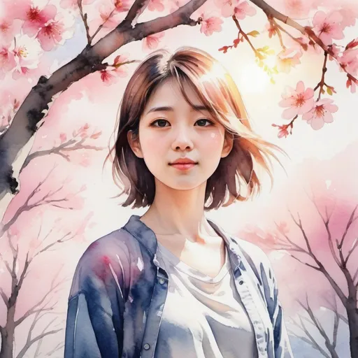 Prompt: A girl with middle length hair standing under sakura trees with bright sun watercolor effect