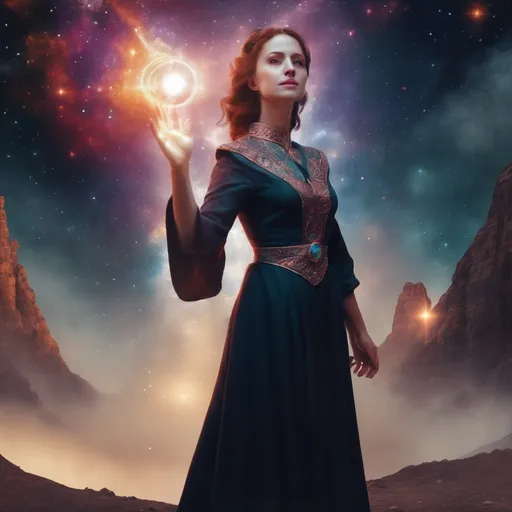 Prompt: A lady with magic power standing in the universe 