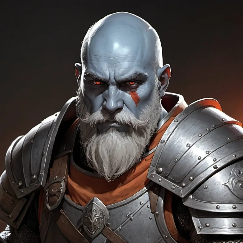 Prompt: Duergar, thick beard, pale blue skin, white eyes, portrait, weapons crossed behind back, black red orange heavy plate armor