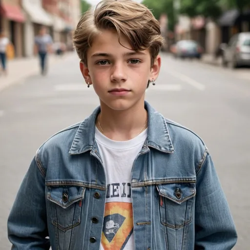 Prompt: 12-year-old boy with a little earring, close-fitting Levi's jeans jacket, sweaty t-shirt, urban street style, high quality, realistic, natural lighting, casual fashion, detailed facial features, denim textures, youthful, summer vibes, candid expression