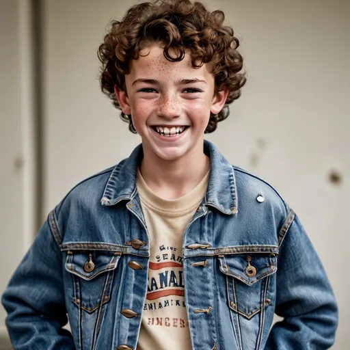 Prompt: Realistic photo of a sweaty 12-year-old boy with freckles, curly dark hair, small earring, laughing, close-fitting Levi's Jeans jacket, detailed sweat on skin, high quality, realistic, detailed freckles, curly hair, close-fitting clothing, natural lighting, genuine laughter, authentic, detailed, personal, candid