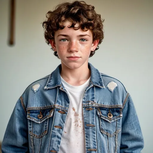 Prompt: detailed, realistic photo of a sweaty 12-year-old boy with freckles, curly dark hair, and a small earring, wearing a wet white t-shirt and a close-fitting Levi's jeans jacket, natural lighting, high quality, detailed facial features, summer vibes, casual, detailed, youthful, summer clothing, detailed