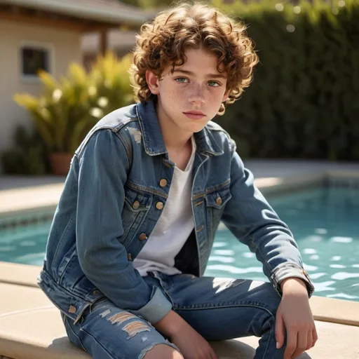 Prompt: Freckled 12 year old boy, dark curly hair, earring, Levi's jeans jacket, skinny jeans, sitting at edge of pool, legs dangling in water, realistic painting, natural lighting, summery atmosphere, high quality, detailed freckles, curly hair texture, boy with earring, Levi's fashion, poolside setting, warm tones, sunlit scene, realistic, youthful, atmospheric lighting