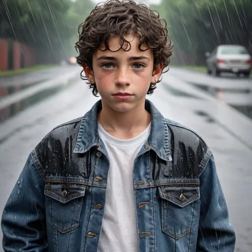 Prompt: 12-year-old boy with dark curly hair, freckles, earring, Levi's jeans jacket, white t-shirt, standing in pouring rain, realistic, detailed, natural lighting, casual style, rainy day, close-up portrait, high quality, detailed features, atmospheric lighting, wet pavement