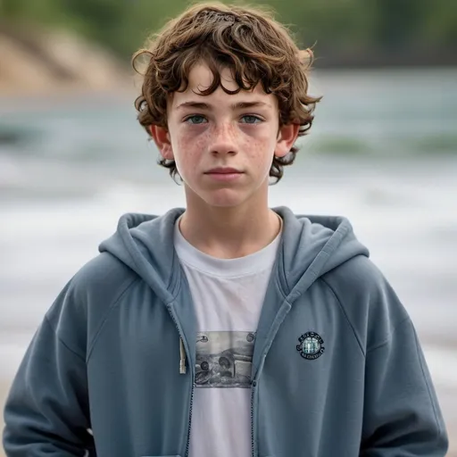 Prompt: detailed, realistic photo of a sweaty 12-year-old boy with freckles, curly dark hair, and a small earring, wearing a wet white t-shirt and hoodie, natural lighting, high quality, detailed facial features, summer vibes, casual, detailed, youthful, summer clothing, detailed