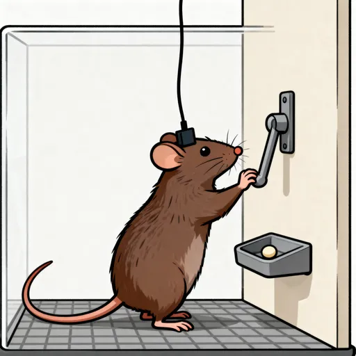 Prompt: "A simple, clean cartoon illustration suitable for a scientific journal.

Perspective: Show the scene in a perpendicular side view (profile).

Subject: A brown rat in a conditioning chamber, standing on its hind legs. The rat is facing right, positioned to press a lever with its front paws. The rat must have a clearly visible tail extending behind it.

Implant: On the rat's head, there is a simple, non-fancy scientific implant (e.g., a small dark rectangle or cylinder) with a thin black cable extending straight upwards from it, disappearing off the top of the frame.

Lever & Wall: On the right side of the frame, there is a plain, light-colored vertical wall. A simple, grey, functional lever (e.g., a small bar or button) is mounted on and protruding separately from this wall.

Reward Tray: Below and slightly to the right of the lever, a distinct, grey reward tray is also mounted on and protruding separately from the wall. Inside this tray, there is a single, light-colored reward pellet (e.g., a small disc or sphere). The lever and the tray should be clearly distinct and separate components.

Floor: The rat is standing on a simple, grey grid-like floor.

Background: The entire illustration should have a plain, empty background (e.g., solid light beige or white) with no other elements, distractions, or complex scenery."