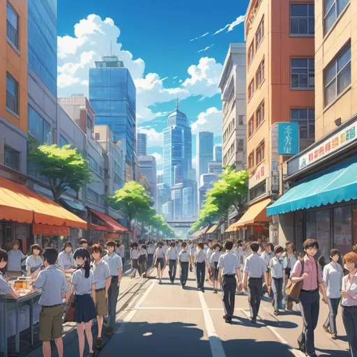 Prompt: Anime illustration of a bustling sunny day, vibrant colors, city skyline, people working, sunny and lively atmosphere, detailed character expressions, high quality, anime, vibrant colors, bustling city, detailed characters, sunny day, lively atmosphere, professional, cinematic lighting