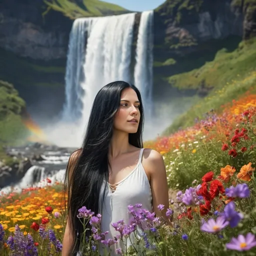 Prompt: Caucasian woman with black hair, vibrant field of diverse flowers, majestic waterfall nearby, highres, detailed, naturalistic, colorful, picturesque, serene setting, flowing hair, vibrant atmosphere, professional, soft natural lighting