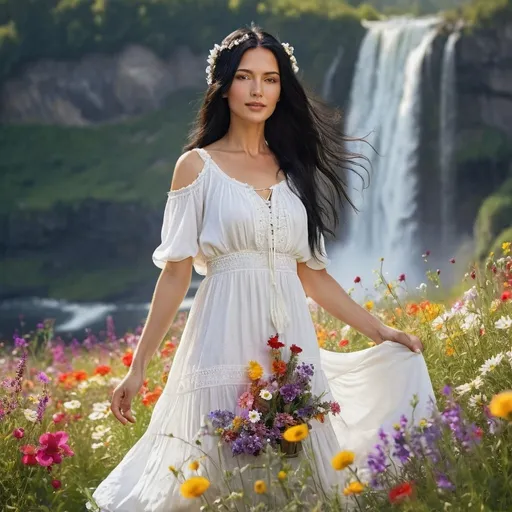 Prompt: Caucasian woman with black hair who wears a peasant white dress and have accessories, vibrant field of diverse flowers, majestic waterfall nearby, highres, detailed, naturalistic, colorful, picturesque, serene setting, flowing hair, vibrant atmosphere, professional, soft natural lighting