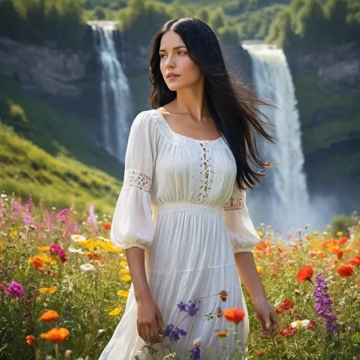 Prompt: Caucasian woman with black hair who wears a peasant white dress, vibrant field of diverse flowers, majestic waterfall nearby, highres, detailed, naturalistic, colorful, picturesque, serene setting, flowing hair, vibrant atmosphere, professional, soft natural lighting