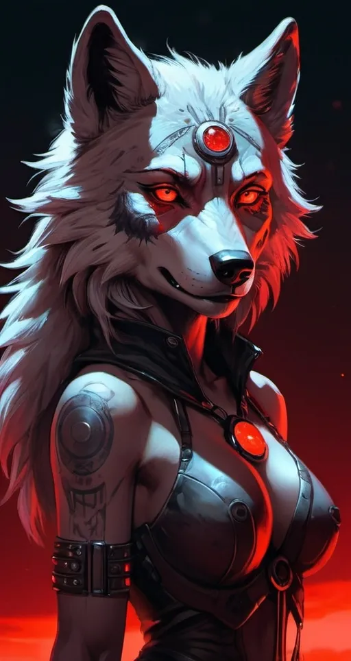 Prompt: a anthropomorphic wolf standing in front of a full moon with a red light on her face, furry art, ultra detailed fantasy, cyberpunk art