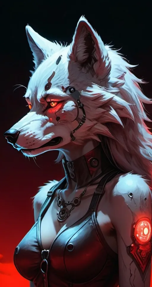 Prompt: a anthropomorphic wolf standing in front of a full moon with a red light on her face, furry art, ultra detailed fantasy, cyberpunk art