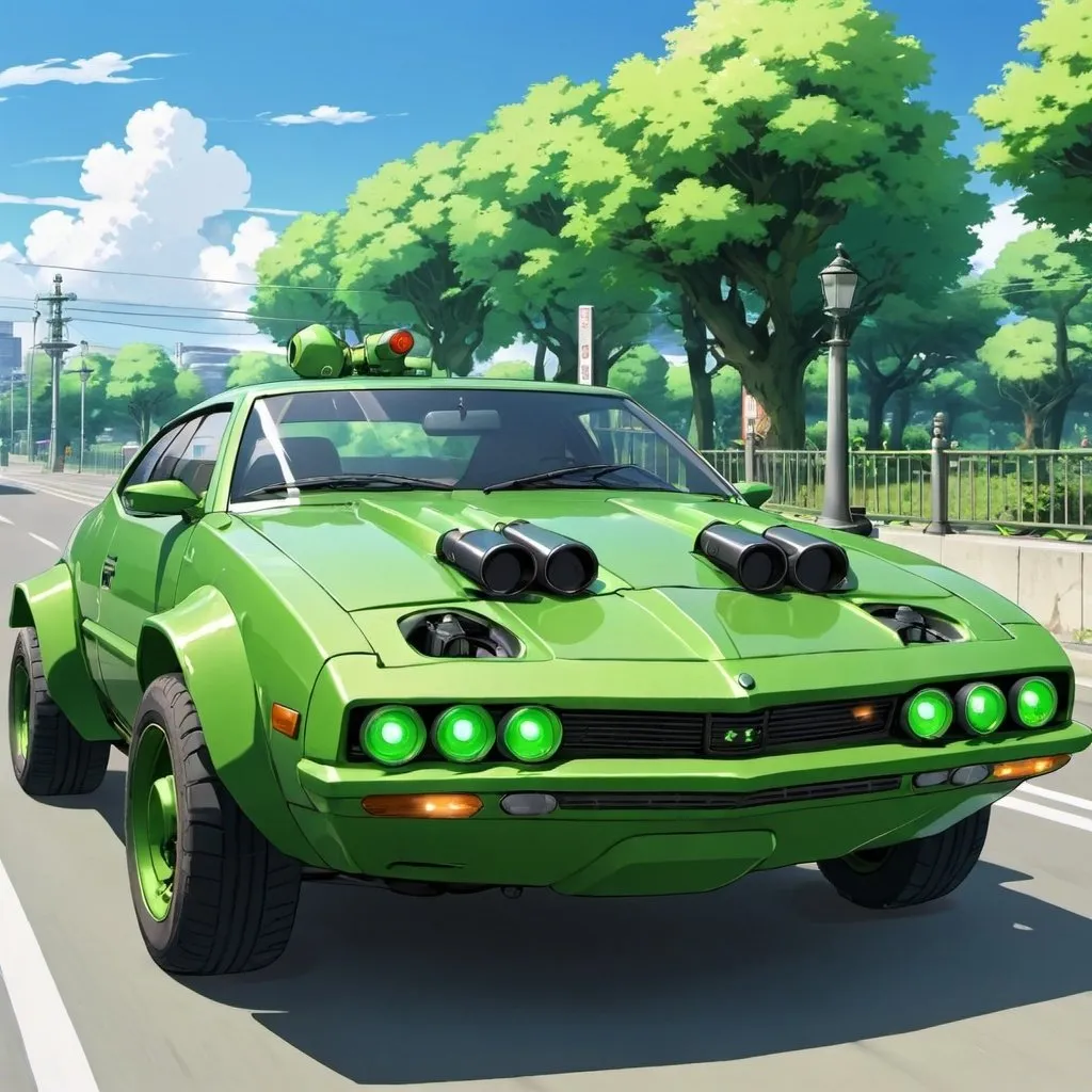 Prompt: an anime green car with mounted turrets