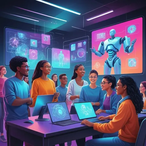 Prompt: Professional digital illustration of a diverse group of enthusiastic students, vibrant and energetic atmosphere, modern technology setting, futuristic holographic screens displaying AI concepts, diverse and inclusive group, high-quality, vibrant colors, futuristic, energetic, diverse group, digital illustration, modern technology, futuristic holographic screens, AI concepts