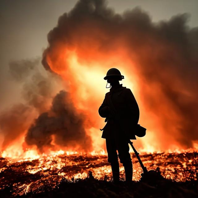 Prompt: create a silhouette of a lone world war one soldier standing in No Man's land while fire is burning in the background and anti aircraft gun fire is seen in the background.  