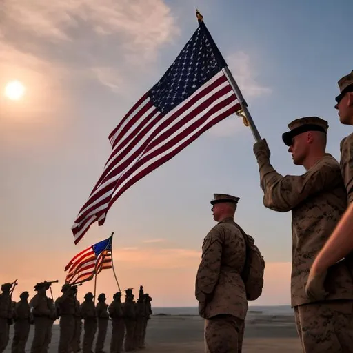Prompt: Marines saluting the American flag while the sun is rising in the background