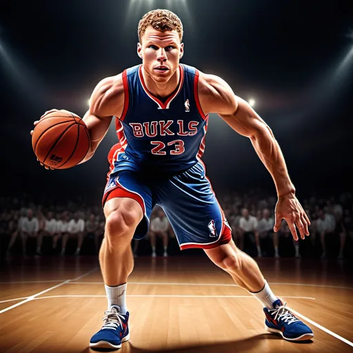 Prompt: Blake Griffin, imposing figure of 6'9", wingspan of 7'3", large hand size of 10 inches, dynamic pose showcasing athleticism, vibrant basketball court background, focused expression conveying determination, ultra-detailed anatomy emphasizing height and strength, warm lighting casting dramatic shadows, high-quality image reminiscent of sports photography, capturing the essence of an elite basketball player.