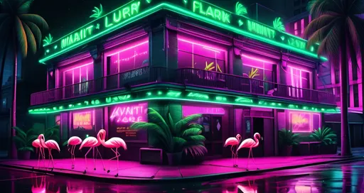 Prompt: (avant-garde image of a New York nightclub facade), vibrant neon green lights, tropical palm trees, festive and eccentric atmosphere, two neon flamingos, night setting with a starry sky, bustling urban backdrop, high contrast colors, striking reflections on pavement, cinematic lighting, 4K ultra-detailed, immersive and lively ambiance.