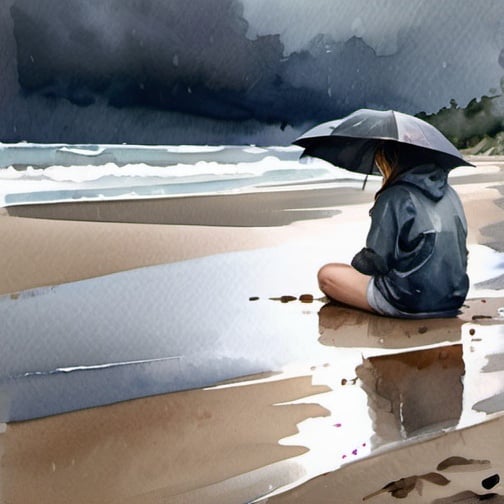 Prompt: Person sitting on the beach in the rain, watercolor painting, stormy clouds, serene beach scene, rain-soaked clothing, wet sand, moody atmosphere, realistic watercolor, calming color palette, high quality, watercolor painting, beach, rainy day, serene, moody, realistic, calming, atmospheric lighting