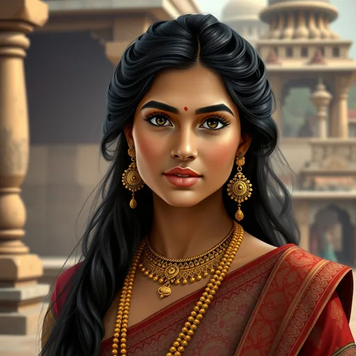 Prompt: Create a portrait of a young, beautiful Indian woman from the 1100s AD. She should have traditional South Asian features with long, dark hair styled in an ancient fashion, and wear traditional attire from that period, such as a richly embroidered sari or lehenga. Her jewelry should include intricate gold ornaments typical of the time, like bangles, earrings, and a necklace. The background should reflect a historical setting, such as an ancient palace or temple with classic architectural elements from the 12th century.