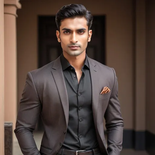 Prompt: Handsome Indian man with well-defined facial features, brown eyes, tailored formal wear, strong physique, professional attire, realistic portrait, high quality, detailed facial features, formal attire, tailored suit, handsome, brown eyes, Indian face, well-defined jawline, well-defined cheekbones, strong physique, black pants, black shirt