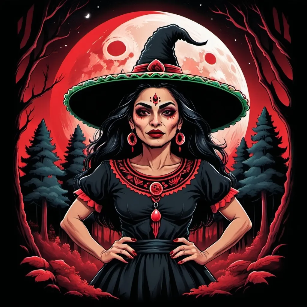 Prompt: Mexican witch in a dark forest with red moon in the sky.