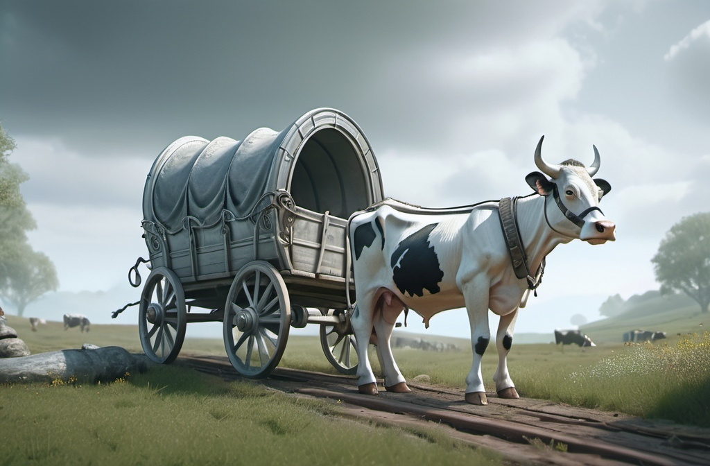 Prompt: Heroic Scene of an Elegant Silver Elvish Wagon Carried by a Holstein Cow in Collar and Straps Wide Lens Cinematic by Greg Rutkowski