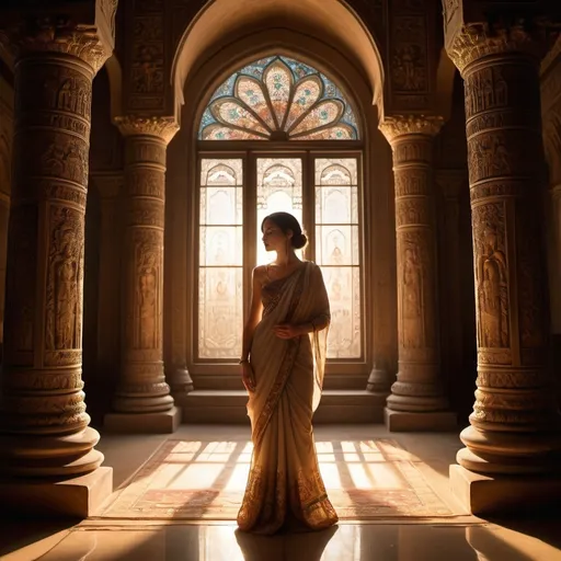 Prompt: A woman standing in the temple, ethereal lighting, ornate architecture, warm tones, spiritual atmosphere, evening light filtering through stained glass, ancient carvings, high detail, shadows highlighting intricate designs, soft, calm ambiance, vast interiors with high arches, multiple pillars adorned with floral patterns, serene expression on the woman's face, flowing attire, attention to fabric textures, ultradetailed, 4K quality, captivating elegance