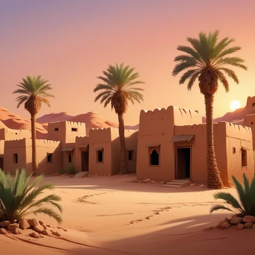 Prompt: Traditional Saudi Arabian village at sunset, desert landscape with clay houses and palm trees, peaceful warm lighting, digital painting style
