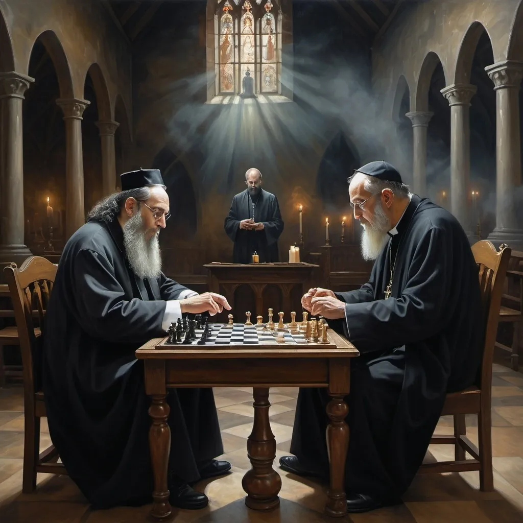 Prompt: Rabbi and priest playing chess in a church surrounded by ghosts, oil painting, eerie and haunting atmosphere, high quality, realistic, detailed facial features, religious symbolism, ghostly apparitions, dim candlelit setting, aged wooden chessboard, spiritual tension, translucent figures, historical, gothic, intense lighting