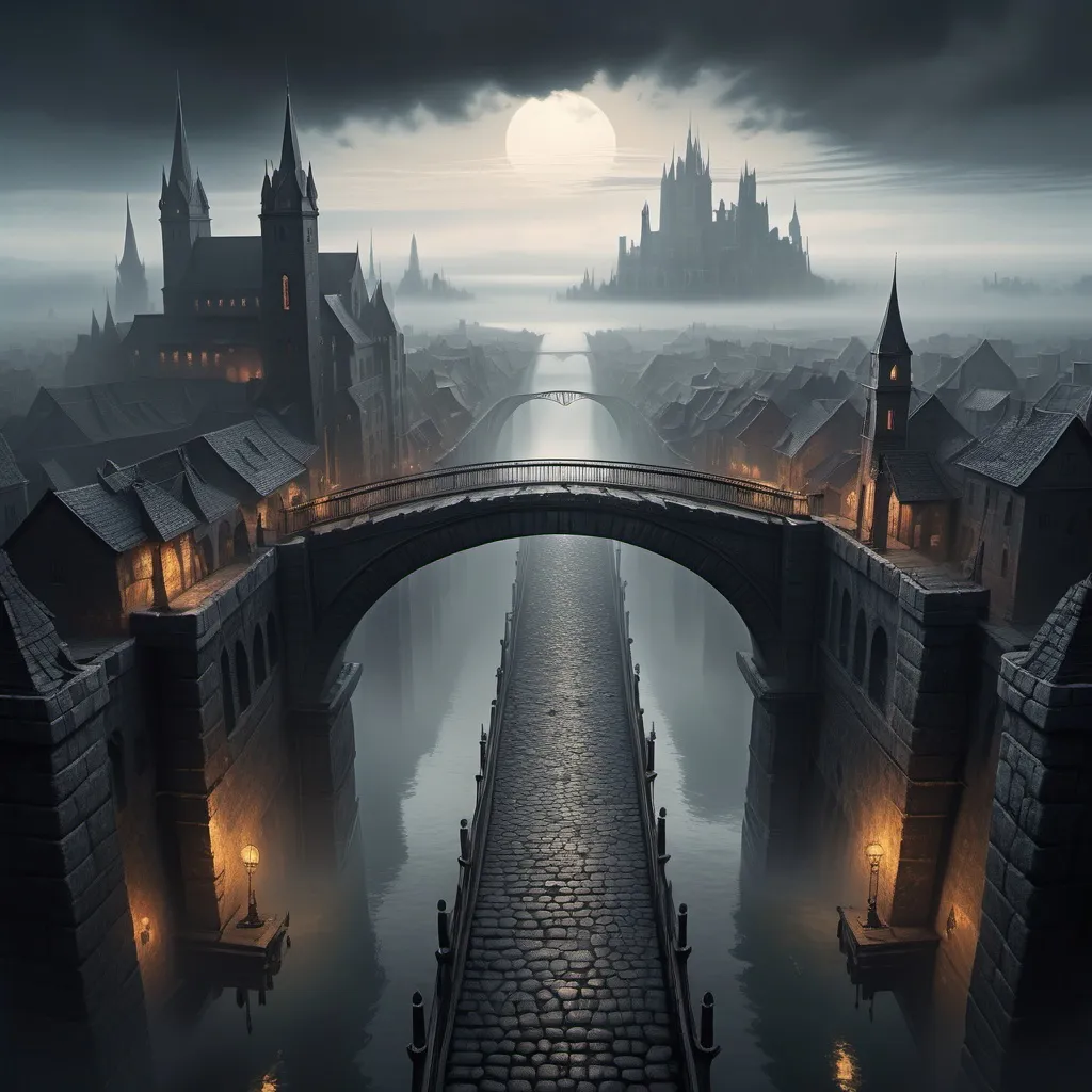 Prompt: A long and wide single bridge leads to a dark fantasy city floating on water in the distance. Fog floats around the city so that it is slightly hidden from view. You stare straight down the bridge and see ballistae. The city has walls hundreds of feet tall made of a smooth black stone. The bridge is cobblestone. At the end of the bridge, a large black gate with iron made doors stand