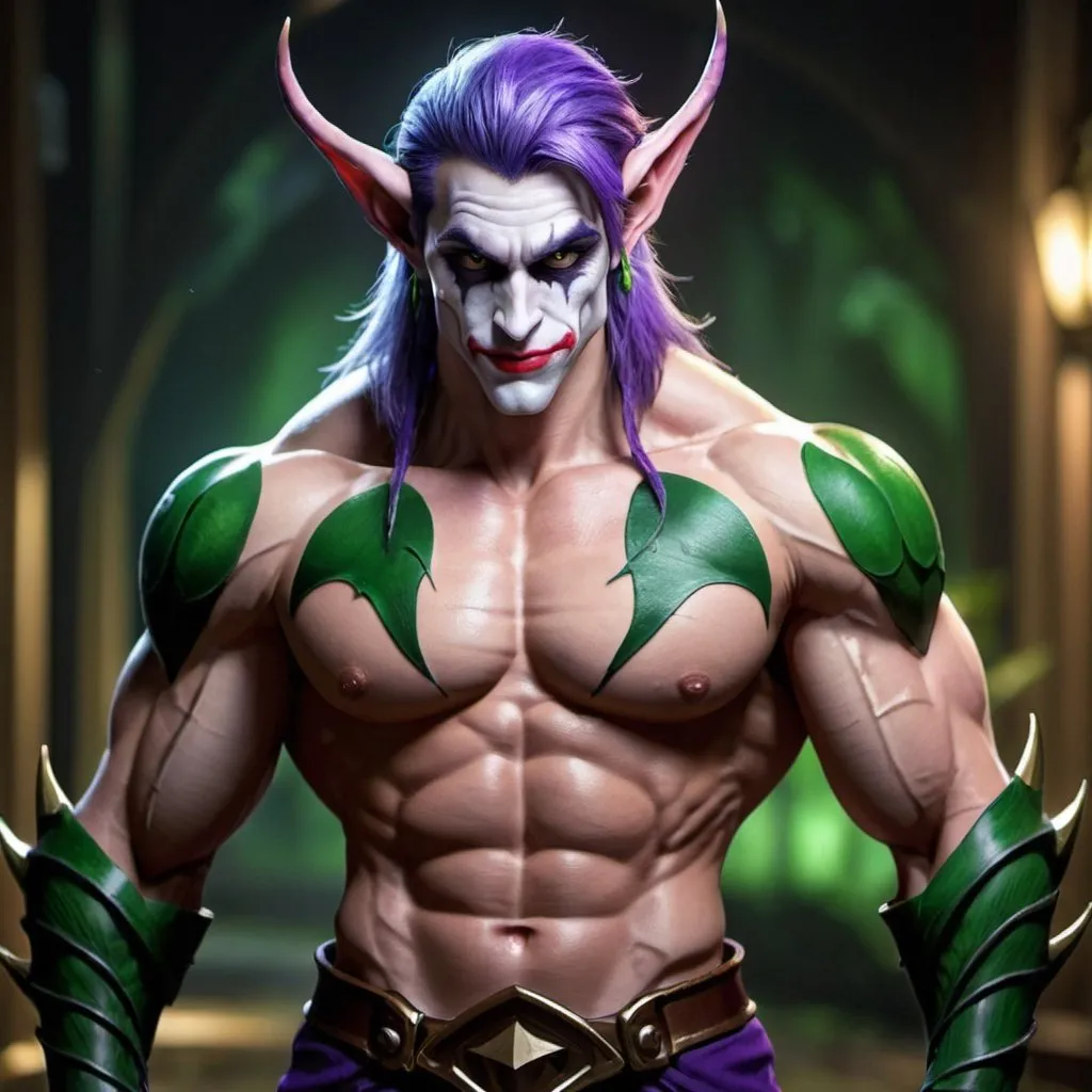 Prompt: Muscle night elf joker