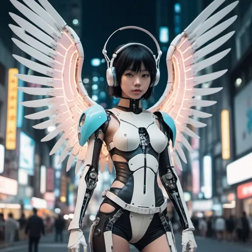 Prompt: ethereal cyberpunk angel, full body view, petite 21 year old anime girl, comic style((tokyo ghost, sean murphy)), vr headset, skeletal form, cute, highly stylized artstyle, messy abstract background, wide view, digital illustration, ultra hd, extreme long shot, telephoto lens, motion blur, wide angle lens, deep depth of field, deep blue color scheme, pastel color scheme, wearing tight fitting leather, with mechanical transformer wings, and a minimalist exosuit, covered in wires