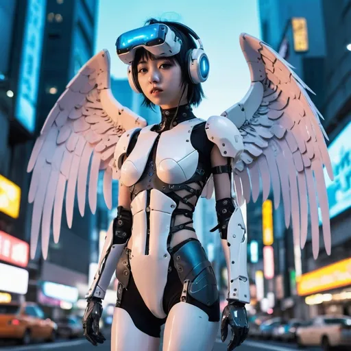 Prompt: ethereal cyberpunk angel, full body view, petite 21 year old anime girl, comic style((tokyo ghost, sean murphy)), vr headset, skeletal form, cute, highly stylized artstyle, messy abstract background, wide view, digital illustration, ultra hd, extreme long shot, telephoto lens, motion blur, wide angle lens, deep depth of field, deep blue color scheme, pastel color scheme, wearing tight fitting leather, with mechanical transformer wings, and a  exosuit, covered in wires,