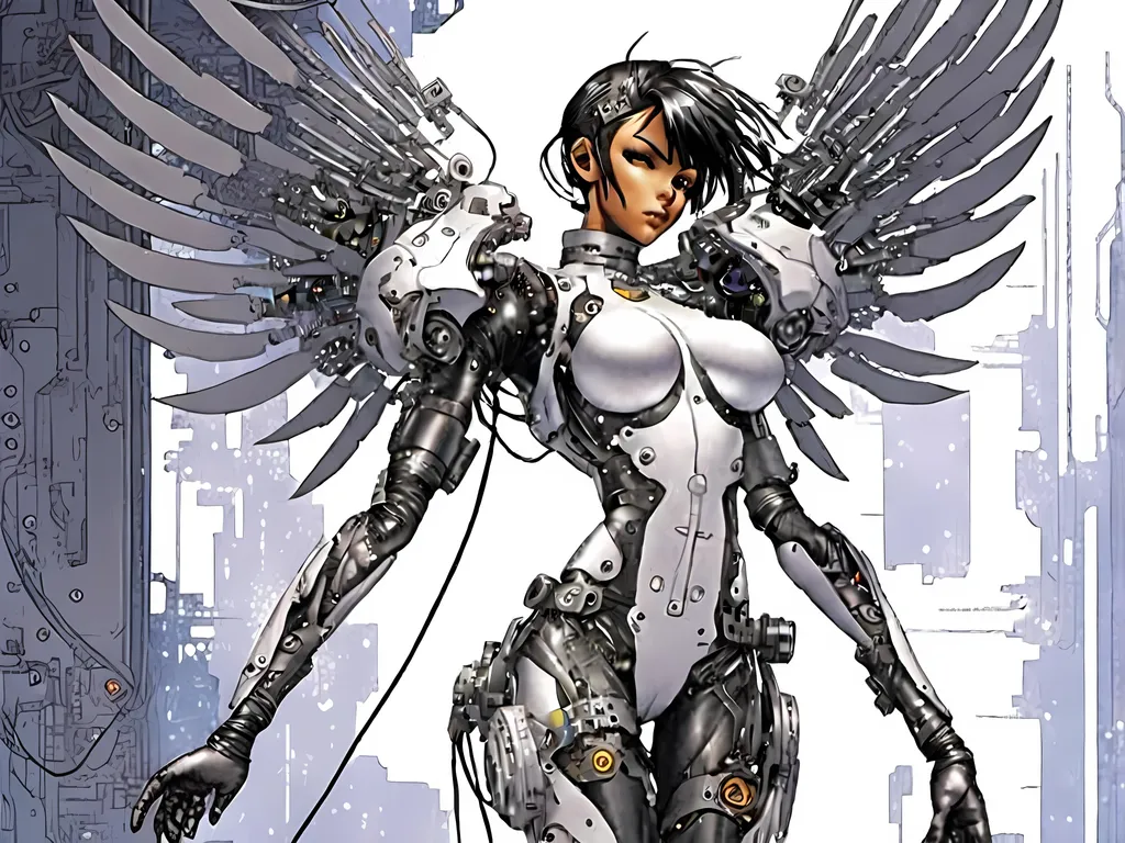 Prompt: <mymodel>Mechanical angel with machine feathered wings, minimalist exosuit covered with wires, high-tech, futuristic, detailed feathers, metallic sheen, cool tones, atmospheric lighting, sci-fi, industrial, cyberpunk