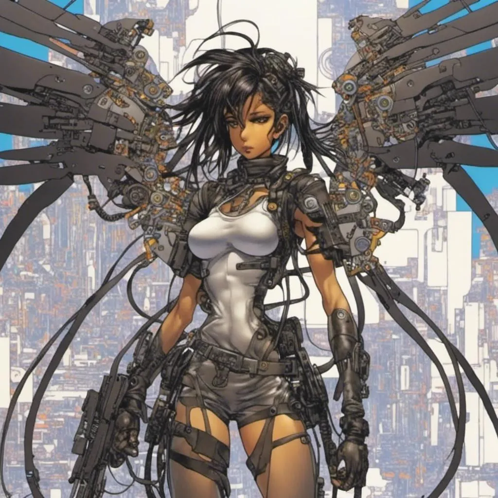 Prompt: <mymodel>a cyberpunk girl wearing a minimalist exoskeleton covered in wires full body shot and she has mechanical  high-detail wings