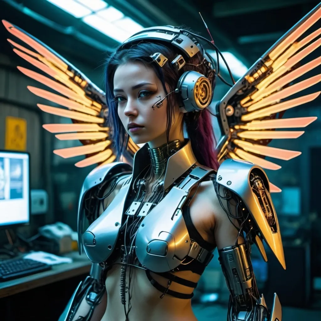 Prompt: The cyberpunk women has mechanical transformer wings and is covered with wires 