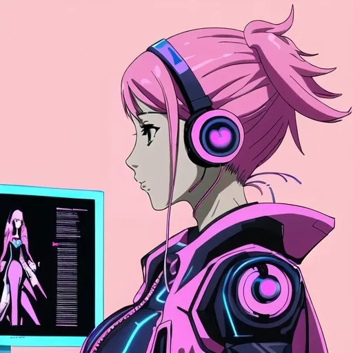 Prompt: a woman with headphones and a futuristic outfit is shown in a photo with a pink background and a blue angel, Ai-Mitsu, computer art, cyberpunk style, cyberpunk art