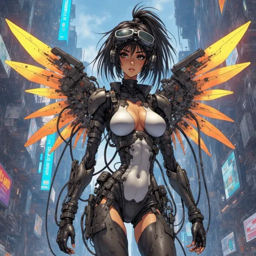 Prompt: A cybersecurity woman with mechanical transformer wings And lots of wires