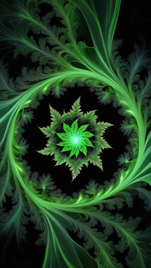 Prompt: weed fractal at the center of a black hole, cosmic dark background, intricate swirling patterns, vivid green colors illuminating the fractal, high-contrast, ethereal glow, captivating and surreal atmosphere, endless space enveloping, ultra-detailed, mesmerizing textures, exploring themes of nature and the universe in harmony, 4K resolution, enchanting depth.