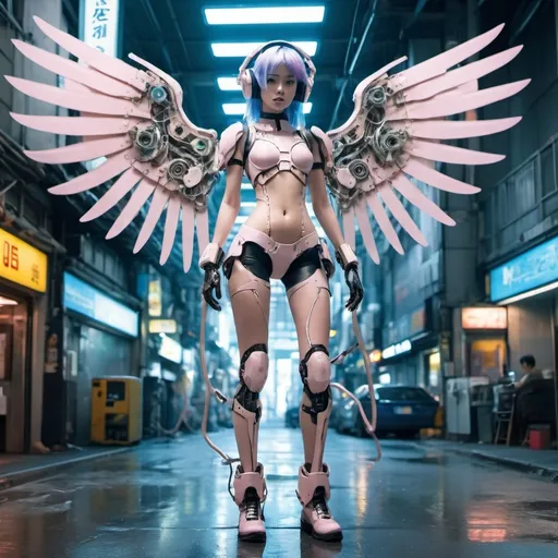 Prompt: ethereal cyberpunk angel, full body view, petite 21 year old anime girl, comic style((tokyo ghost, sean murphy)), vr headset, skeletal form, cute, highly stylized artstyle, messy abstract background, wide view, digital illustration, ultra hd, extreme long shot, telephoto lens, motion blur, wide angle lens, deep depth of field, deep blue color scheme, pastel color scheme, wearing tight fitting leather, with mechanical transformer wings, and a  exosuit, covered in wires,