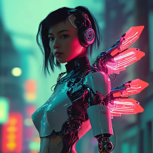 Prompt: A cyberpunk girl is standing alone as she begins to raise her mechanical transformer wings