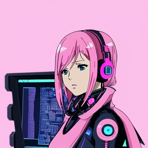 Prompt: a woman with headphones and a futuristic outfit is shown in a photo with a pink background and a blue angel, Ai-Mitsu, computer art, cyberpunk style, cyberpunk art