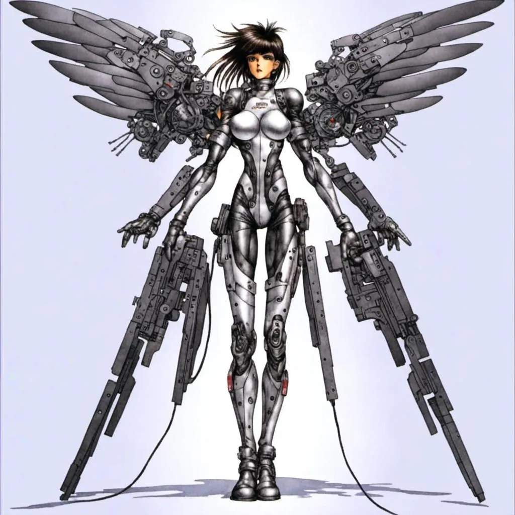 Prompt: <mymodel><mymodel> the mechanical  angell, machine feathered wings, minimalist exosuit, covered with wires 