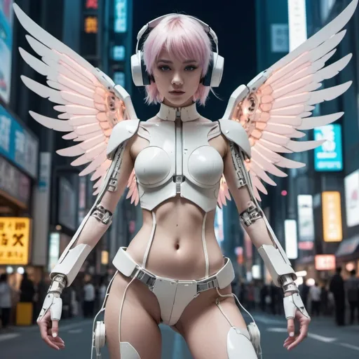 Prompt: ethereal cyberpunk angel, full body view, petite 21 year old anime girl, comic style((tokyo ghost, sean murphy)), vr headset, skeletal form, cute, highly stylized artstyle, messy abstract background, wide view, digital illustration, ultra hd, extreme long shot, telephoto lens, motion blur, wide angle lens, deep depth of field, deep blue color scheme, pastel color scheme, wearing tight fitting leather, with mechanical transformer wings, and a minimalist exosuit, covered in wires