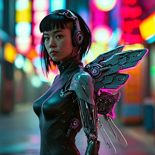 Prompt: A cyberpunk girl is standing alone as she begins to raise her mechanical transformer wings