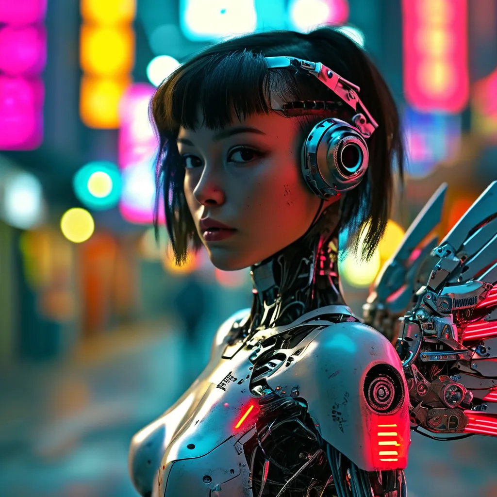 Prompt: A cyberpunk girl is standing alone as she begins to raise her mechanical transformer wings