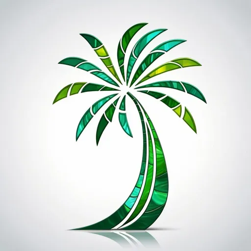 Prompt: Abstract palm tree  embossed with wavy lines underneath that wrap over the tree like a wave.  Make the trunk form into an ocean wave that wraps over the tree from the left.  Make look like a logo.  Make more modern, simplify.  Make even more abstract.  Make color variations of green like stained glass. Make it look like tribal art.