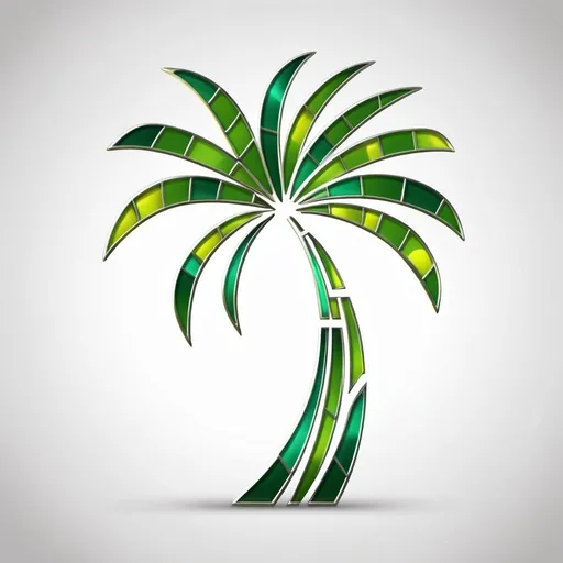 Prompt: Abstract palm tree embossed with wavy lines underneath.  Make look like a logo.  Make more modern, simplify.  Make even more abstract.  Make color variations of green like stained glass