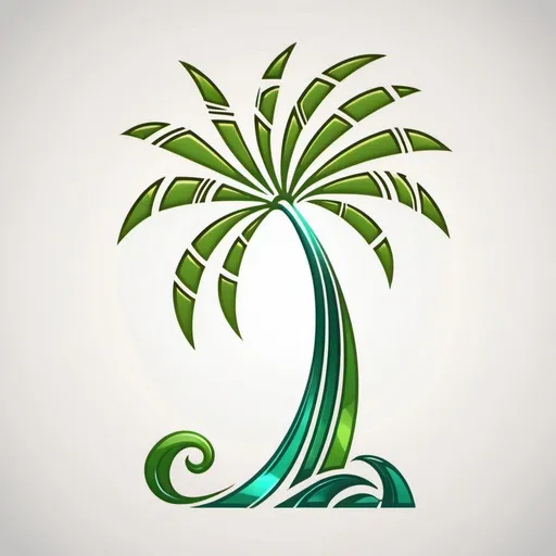 Prompt: Make an ocean wave logo with palm tree centered underneath in the style of Polynesian tribal tattoo.  Emboss edges.  Make color variations of light green like stained glass.